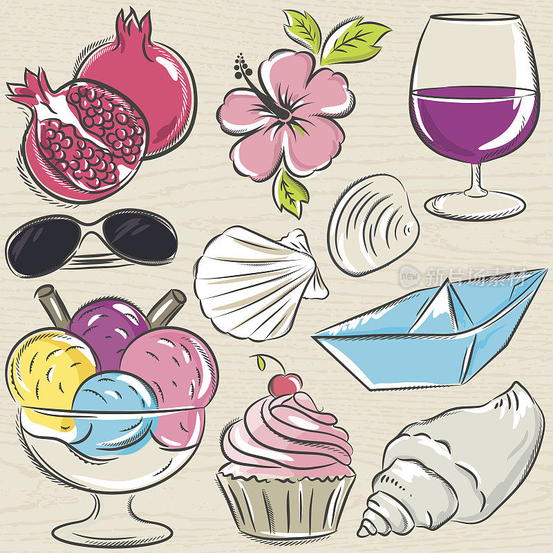 Set of  summer symbols, clams, shells, ice cream, sunglasses, pomegranate, flower  on a blue  grunge background, vector illustration.